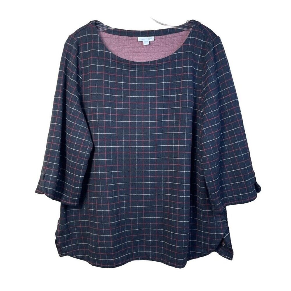 J. Jill Ponte Black Multi-Color Plaid 3/4 Sleeve Top Shirt Women's Size L Knit